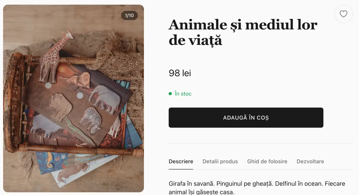 Screenshot of the Instrumente Creative store: a product page, with the photo of the toy, the price in lei, the stock status and the add-to-cart button.