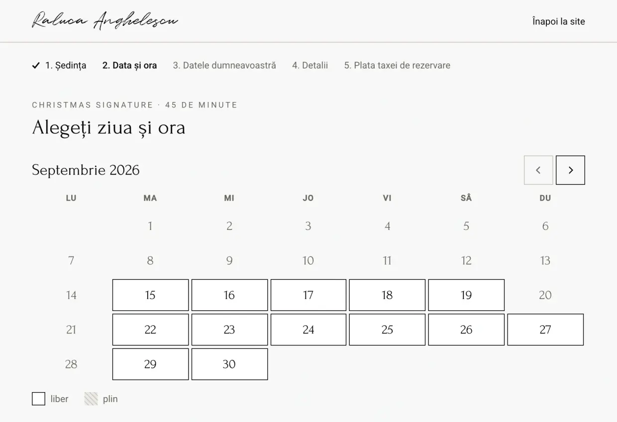 Screenshot of the booking page of the Raluca Anghelescu photo studio: the second step, the calendar for September 2026, with the available days marked, a legend for available and full days, and demo data.