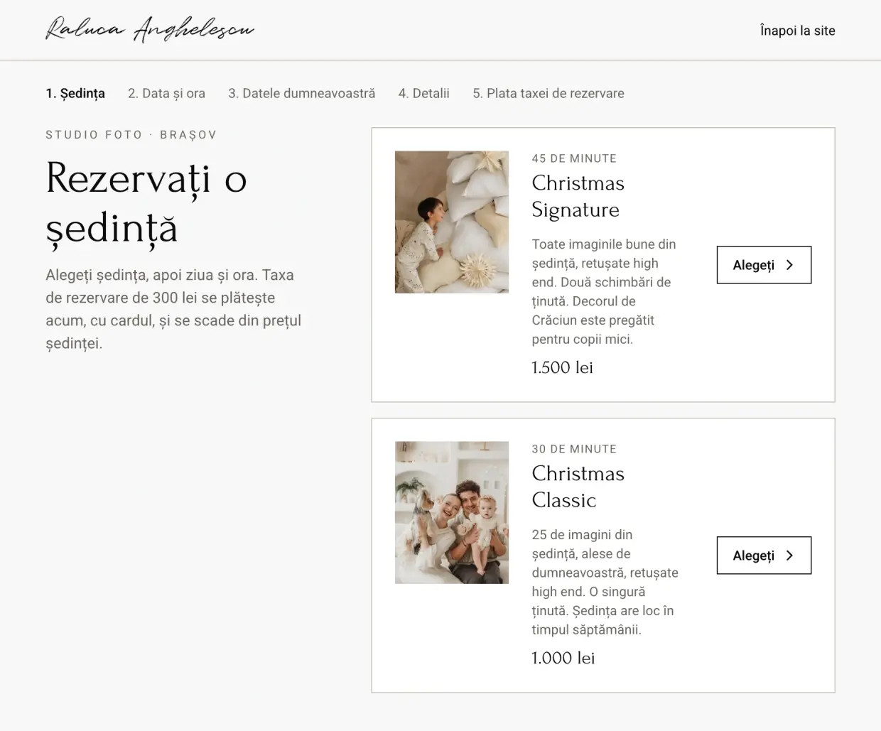 Captură din pagina de rezervări a studioului foto Raluca Anghelescu: pașii rezervării în partea de sus și lista ședințelor disponibile, fiecare cu fotografie, durată, descriere și preț în lei.